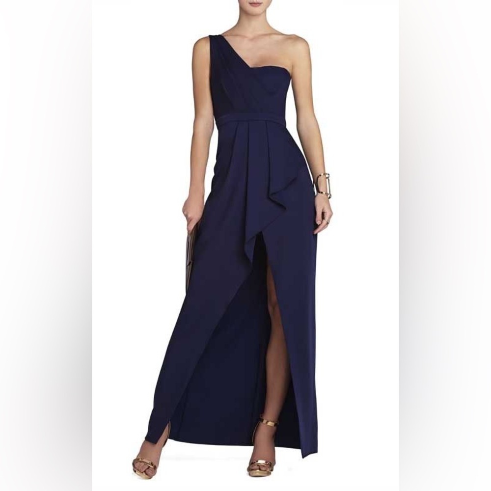 BCBGMAXAZRIA Kristine one shoulder Navy gown, size 4